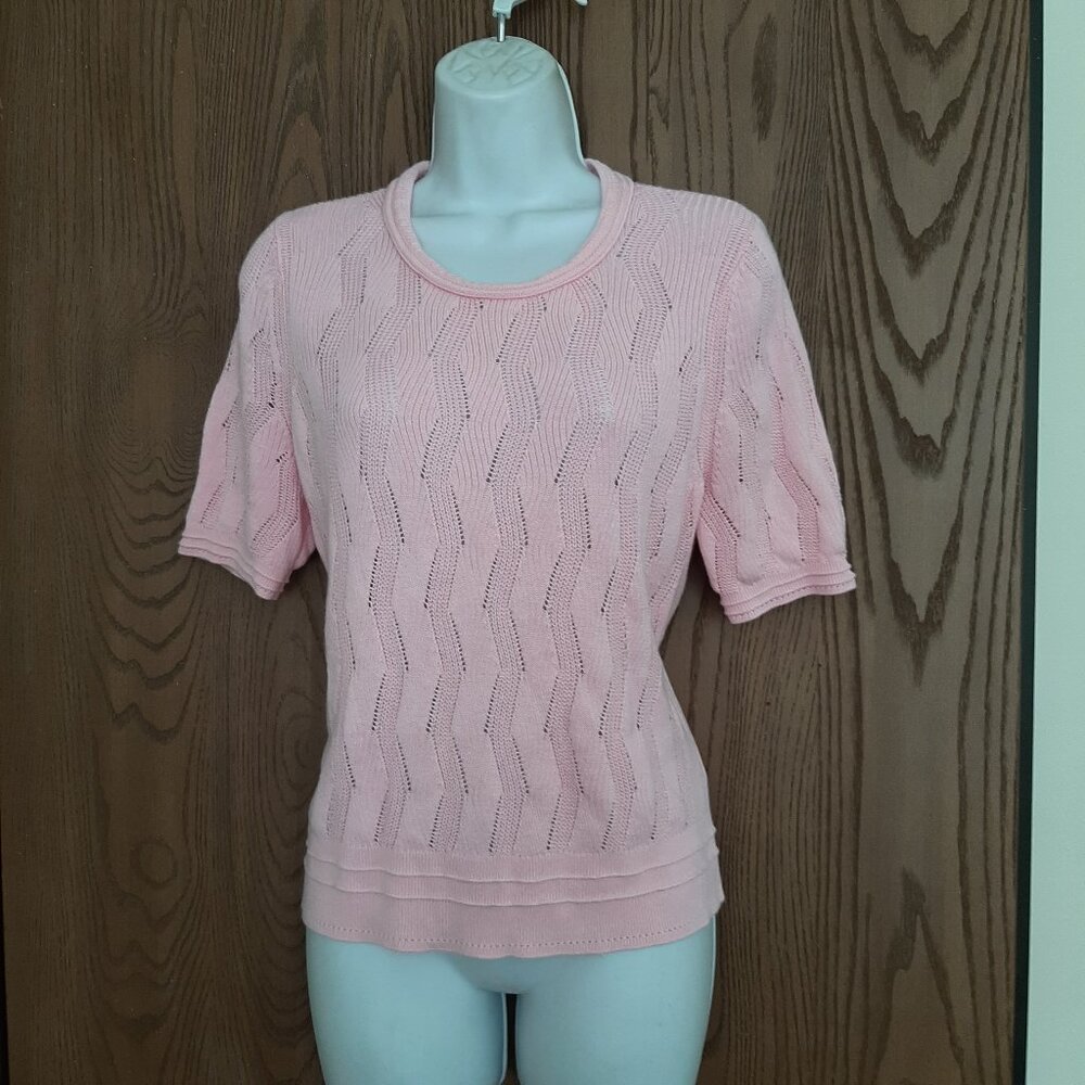 Talbots Pink Open Stitch Keyhole Back Crew Neck Sweater LP Short Length